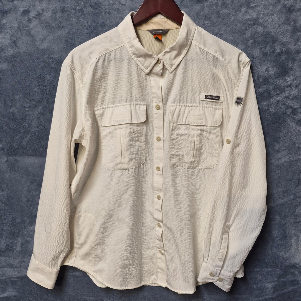 Eddie Bauer Sport Shop Womens Large White Seersucker Fishing Shirt Ventilated L